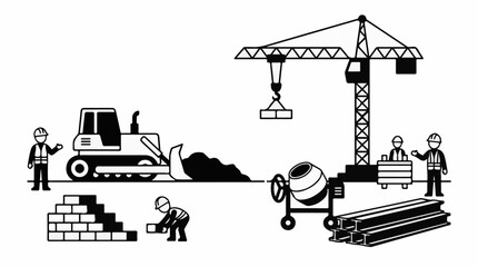 Obraz premium Construction site with workers bulldozer crane cement mixer and materials