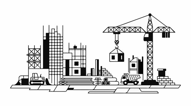 Construction site with crane lifting building module digger truck