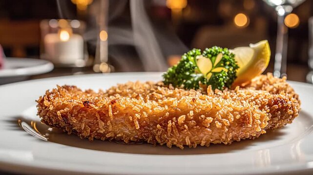 Freshly Fried Breaded Schnitzel Served on Plate in Restaurant Setting
