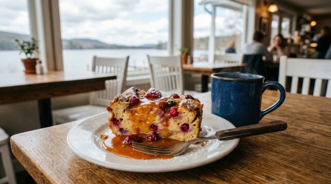 Delicious berry bread pudding with caramel sauce and fresh berries on a wooden table in a cozy lakeside cafe with a scenic mountain view background.
