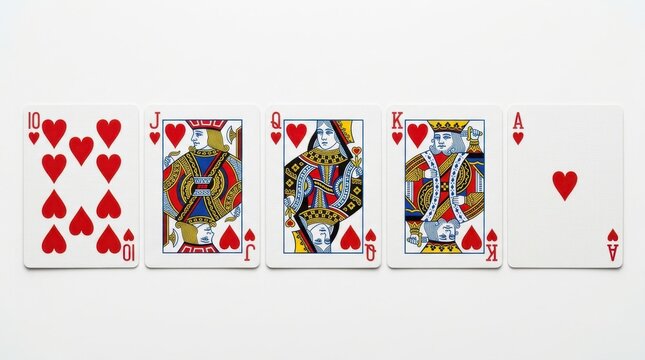 Elegant Royal Flush heart playing cards arranged on white background represent ultimate winning hand and gambling success in professional poker games offering high stakes excitement and strategy wins.