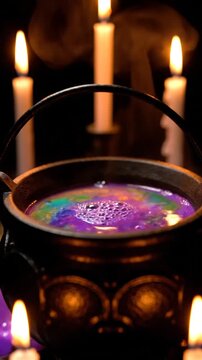 Bubbling magical potion in a cast iron cauldron with glowing candles