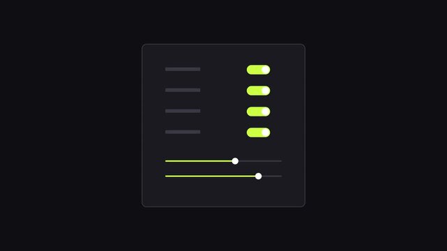 Minimalist ui settings panel animation with toggle switches and sliders for app interface 4k dashboard