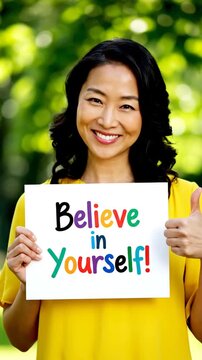 Asian woman holding sign with believe in yourself text outdoors