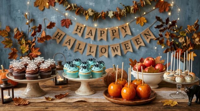 Festive Halloween dessert table with chocolate cupcakes, spider web decorations, candy apples, and autumn leaves against a rustic blue background.