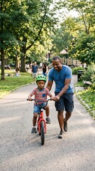 Obraz premium Black father teaching son to ride a bicycle in a park