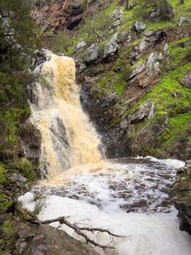Ingalalla Falls waterfall in Hay Flat on the Fleurieu Peninsula, South Australia during high winter flow