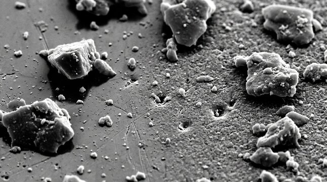Detailed medium shot resembling scanning electron microscopy illustrating highresolution surface morphology of a platter capturing fine particulate debris and microdefects with