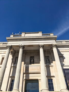 Neoclassical facade and columns of The National Gallery Sir Paul Getty Entrance in central London