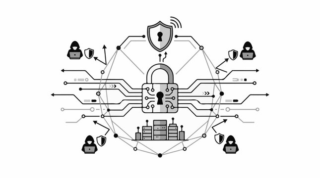 Network security with central lock icon servers hackers shield