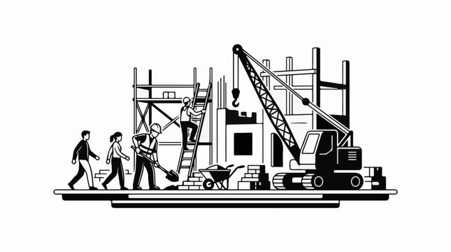 Diverse team building structure with crane scaffolding and tools