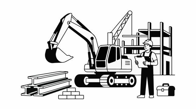 Construction site scene with excavator worker and building frame