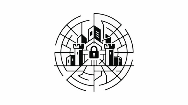 Stylized city skyline with castles and a central lock icon