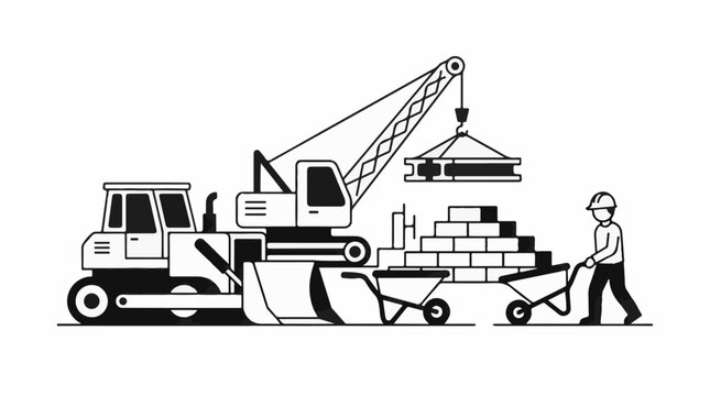 Construction scene with crane bulldozer bricklayer and materials