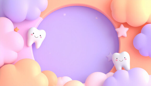 歯のキャラクターが可愛い小児歯科の背景素材　パステルカラーの雲と星に囲まれた中央に丸いコピースペースがある広告用バナーデザイン　子供の歯の健康や予防歯科の告知に活用できる3Dイラスト
