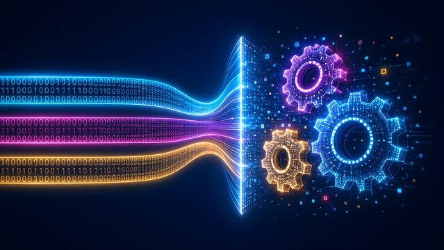 Glowing streams of binary code converting into mechanical gears illustrating digital data processing automation and complex software algorithms