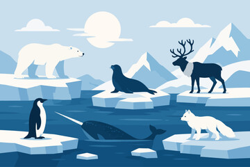 Arctic Animals in Icy Landscape Flat Graphic Illustration © Imaduddin
