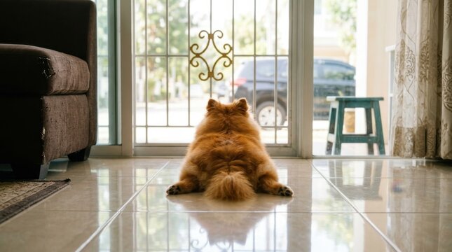Adorable Fluffy Pomeranian Dog Lying on the Tiled Floor and Waiting Patiently by the Glass Door While Looking Outside at the Street in a Bright Home