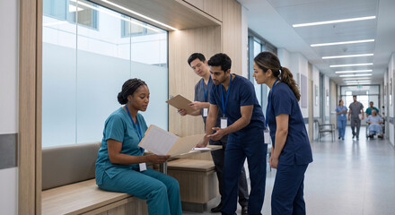 Fototapeta premium International Care Team Problem Solving In European Hospital Alcove