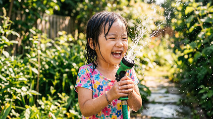 Fototapeta premium Joyful Asian child laughing while playing with garden hose spraying water on a sunny day