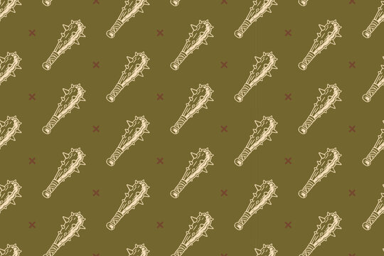 Medieval battle mace with cross pattern on dark green background for merchandise. Studded bludgeon drawn seamless pattern background. Thorn club vintage engraved motif wallpaper