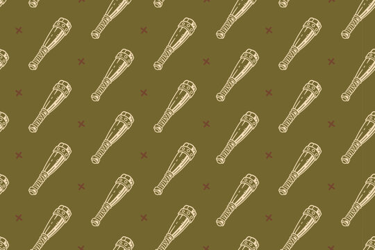 Reinforced war club with cross pattern on dark green background for merchandise. Medieval blunt mace drawn seamless pattern background. Fantasy wooden mace vintage engraved motif wallpaper