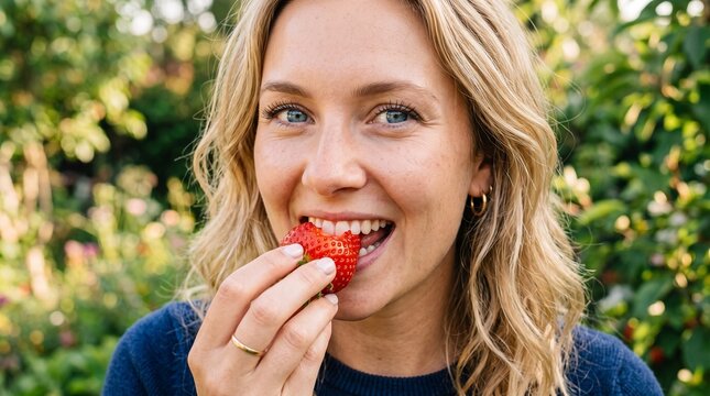 Young Woman Enjoying a Fresh Strawberry Outdoors with Blurred Greenery Background