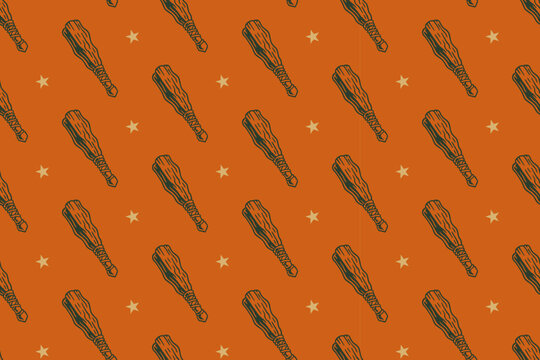 Primitive wooden club with star pattern on dark orange background for merch. Tribal wooden cudgel with light hand drawn seamless pattern background. Hand carved club vintage engraved motif wallpaper