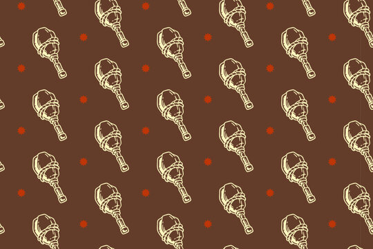 Medieval stone mace with star pattern on dark brown background for merchandise. Crushing mace with light hand drawn seamless pattern background. Fantasy blunt weapon vintage engraved motif wallpaper