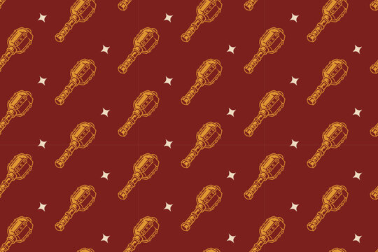 Medieval mace with star pattern on deep brick red background set for merchandise. Flanged mace hand drawn seamless pattern background. Antique war weapon vintage engraved motif wallpaper