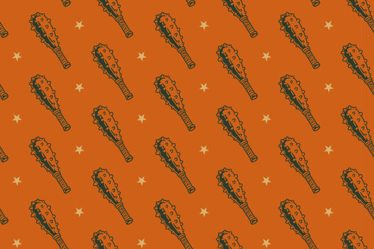 Spiked war bat with star pattern on dark orange background for merch. Medieval battle bat with light hand drawn seamless pattern background. Wooden studded stick vintage engraved motif wallpaper