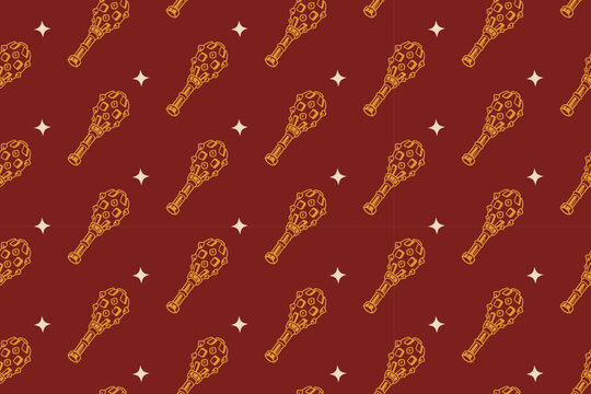 Spiked mace with star pattern on deep brick red background set for merchandise. Studded club with light hand drawn seamless pattern background. Medieval spiked club vintage engraved motif wallpaper