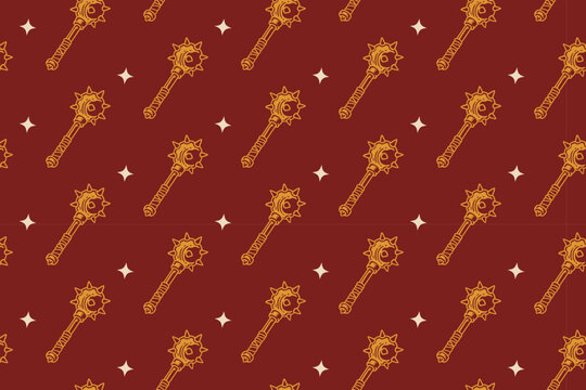 Medieval morning star with star pattern on deep brick red background. Spiked mace club with light hand drawn seamless pattern background. Fantasy spiked weapon vintage engraved motif wallpaper