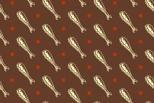 Ceremonial mace with star pattern on dark brown background for merch. Ornate medieval scepter with light hand drawn seamless pattern background. Medieval royal mace vintage engraved motif wallpaper