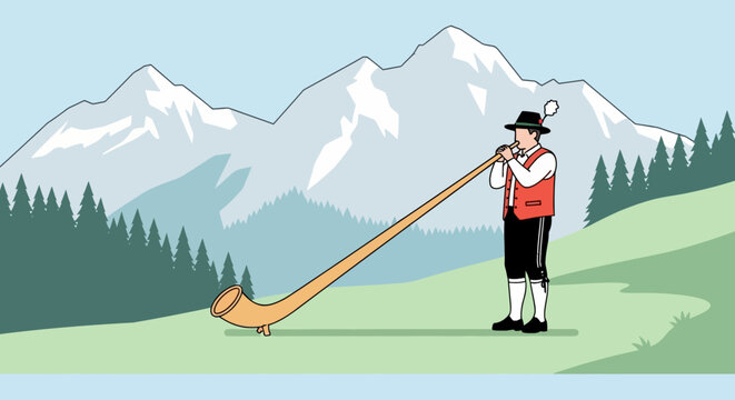 Man playing alphorn in scenic Alpine mountain landscape