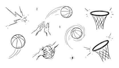 Hand drawn doodle basketball collection with balls hands throwing and nets in vector sketch style. © Mohammad