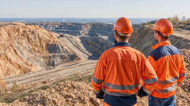 Mining industry, engineers observing open pit quarry site with protective helmets, industrial workers inspecting excavation operations and large scale resource extraction area.