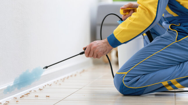 Pest control service, technician spraying insecticide along a wall to eliminate ants during professional home pest treatment and prevention.