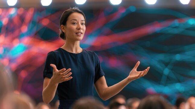 Business presentation, professional woman speaking at conference with audience, delivering speech on stage during corporate event with modern background.