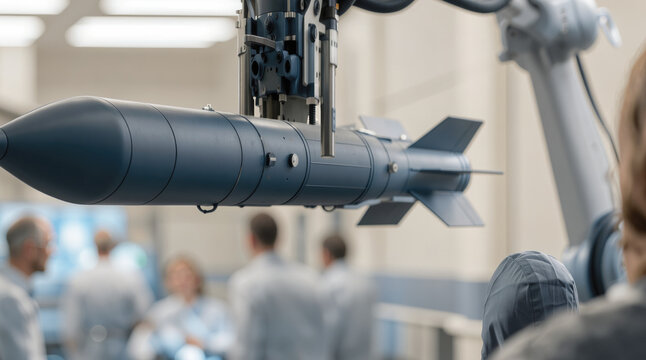 Rocket development, close-up view of advanced missile prototype in laboratory with engineers conducting research and testing for future aerospace defense technology.