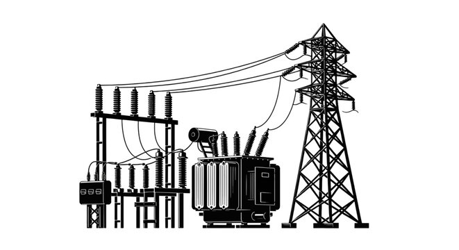 Vector illustration of high voltage electrical transformer substation with transmission tower on a transparent background