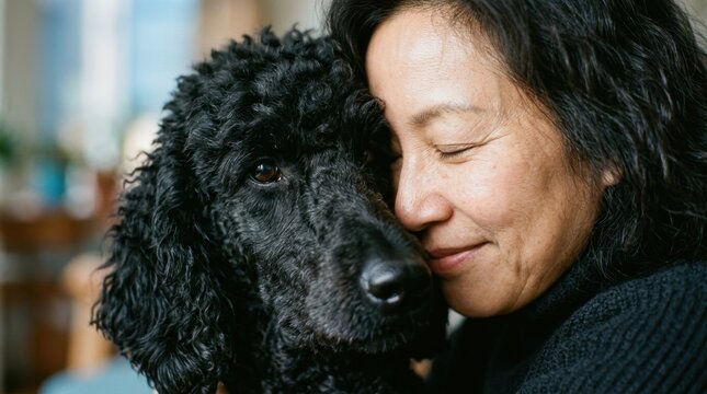 Tender portrait of a smiling mature Asian woman sharing loving moment of companionship with her loyal black poodle pet at home, capturing pure joy, unconditional love, and deep emotional connections!