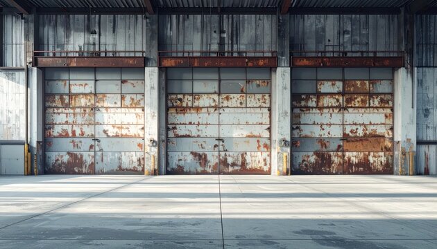 Abandoned Warehouse With Rusted Industrial Roll-Up Doors Bathed in Sunlight