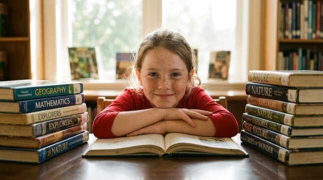 Charming and studious freckled young girl student sitting at a wooden desk in a bright library surrounded by stacks of textbooks, looking happy and ready to learn for her future academic excellence.