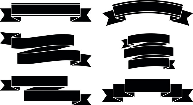 Black ribbon banners silhouette set vector art with curved and straight shapes
