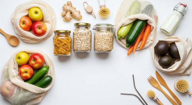 A high-angle flat lay of organized pantry staples including pasta, grains, and fresh vegetables in reusable bags and jars