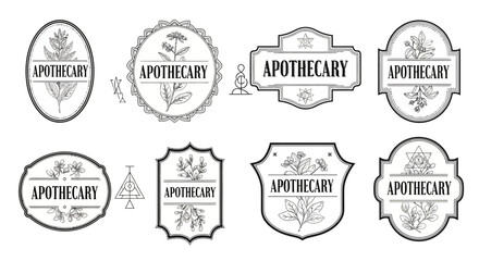 Obraz premium Elegant vintage apothecary labels with various hand-drawn botanical illustrations and diverse ornate frames, concept for natural health branding, organic product packaging and traditional pharmacy