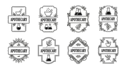 Fototapeta premium Vintage apothecary emblems featuring classic laboratory glassware and natural leaves, concept for traditional medicine branding, herbal remedies, natural wellness products, and pharmacy labels.