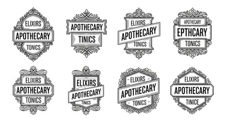 Fototapeta premium Elegant vintage apothecary labels with intricate hand-drawn frames, concept for traditional health branding, ideal for herbal remedy packaging, wellness logos, and craft product design