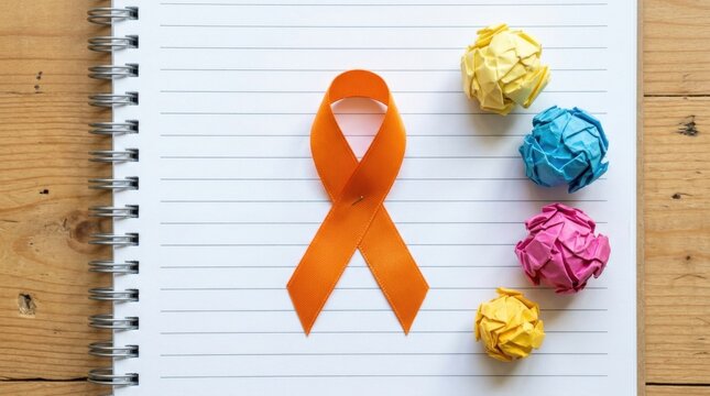 Orange Ribbon Awareness Symbol on Open Spiral Notebook with Colorful Crumpled Paper Balls on Wooden Table for Leukemia Kidney Cancer or ADHD Awareness